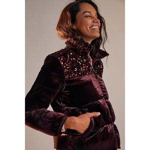 NWT Anthropologie Vera Sequined Velvet Puffer Jacket Wine Womens Coat Small
